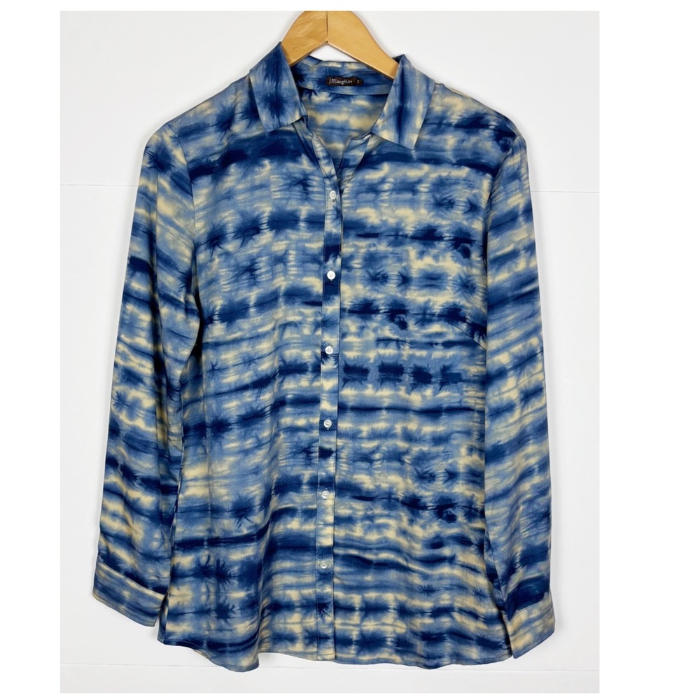 J Mclaughlin Lois Button Up Tie Dye Blouse Shirt Size Small Tencel Blue - Picture 3 of 7